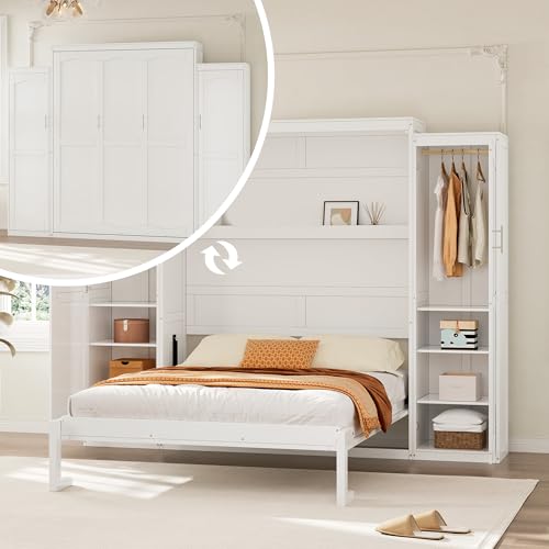 Murphy Bed with Two Wardrobes and Storage Shelf for Small Bedrooms A623
