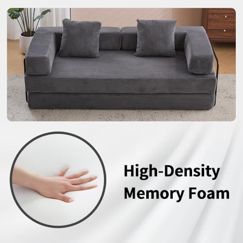 Corduroy Convertible Sleeper Sofa Bed with Pillow, Beige O72530
