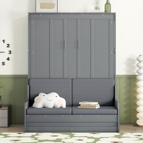 Murphy Bed Queen Size with Cushion, Foldable Sofa Bed Frame with Slat Support, White C2974