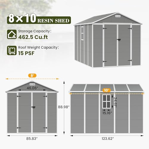 Outdoor Storage Shed 8 x 10 FT, Resin Garden Shed with Floor and Lockable Door O252402