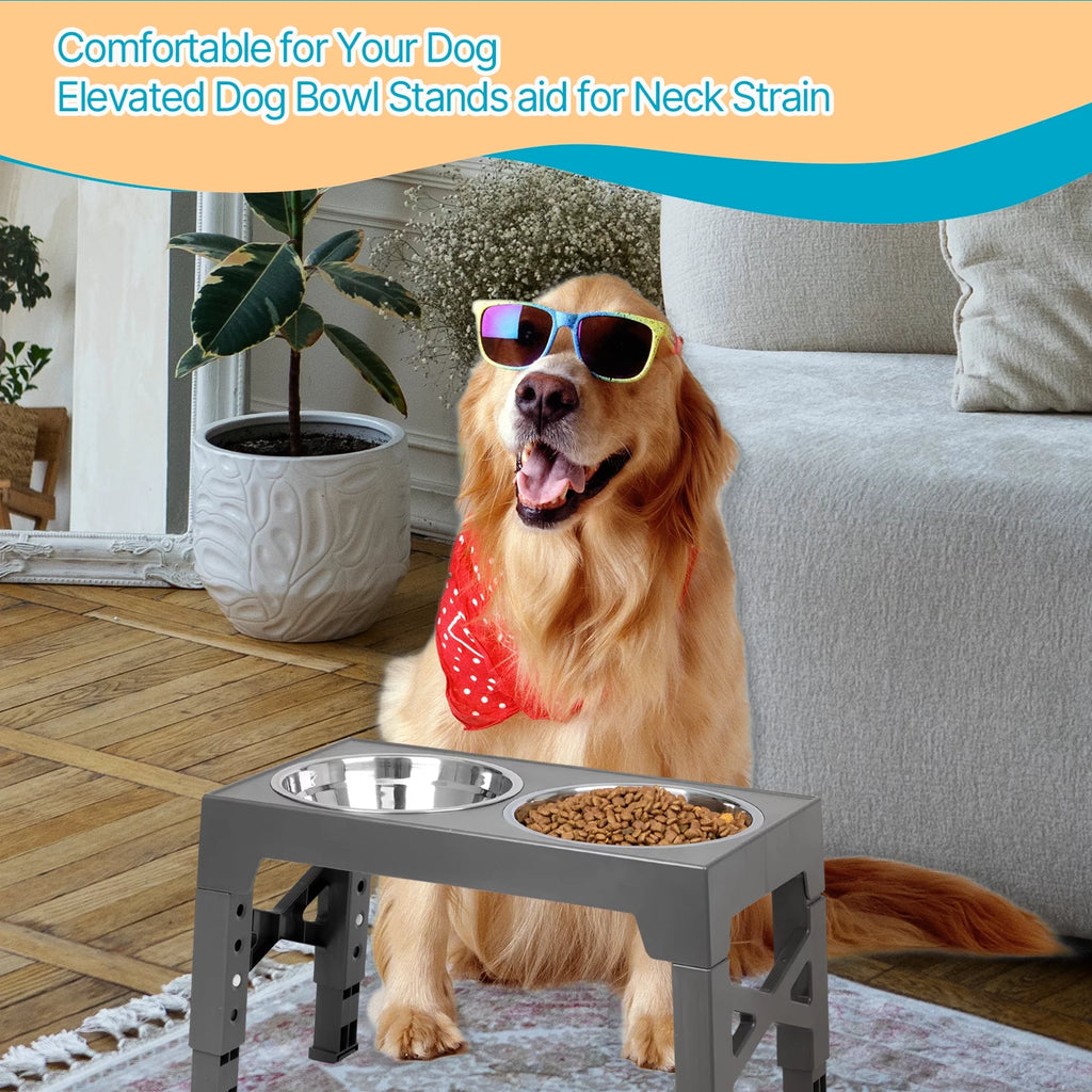 Elevated Dog Bowls Stand with 2 Stainless Steel Dishes, Adjustable Height for Medium and Large Dogs O53917