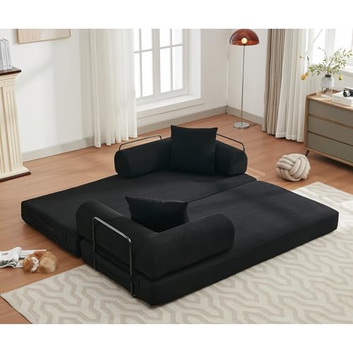 Corduroy Convertible Sleeper Sofa Bed with Pillow, Beige O72530