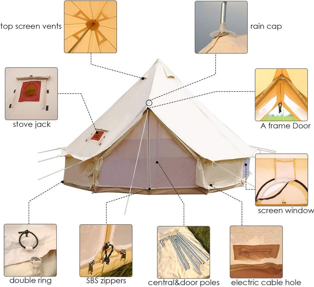Waterproof Cotton Canvas Bell Tent with Stove Jack Hole for Camping X96807