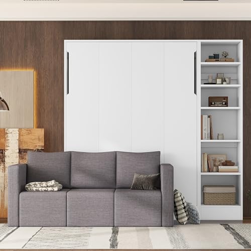 Murphy Bed Queen Size with Cushion, Foldable Sofa Bed Frame with Slat Support, White C2974