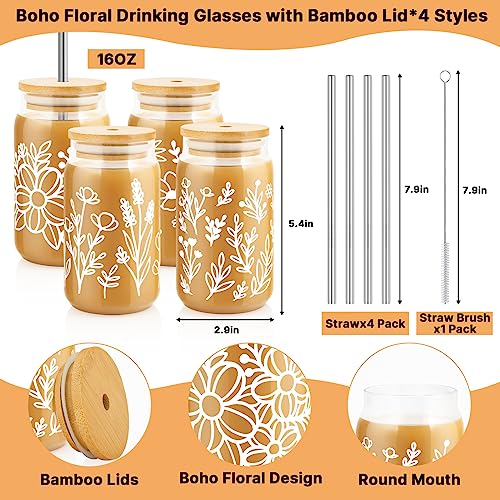 Glass Cups with Bamboo Lids and Straws, 4 Pack 16oz Iced Coffee Tumbler Y1490