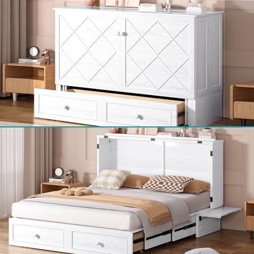 Queen Cabinet Cube Chest Bed with Tri-fold Mattress and Charging Station X329