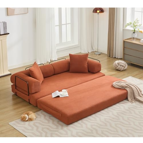 Corduroy Convertible Sleeper Sofa Bed with Pillow, Beige O72530