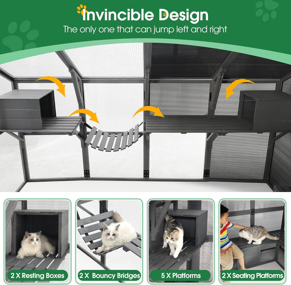 Large Cat Cage Outdoor Wooden Catio Enclosure with Bridges and Weatherproof Roof D59334