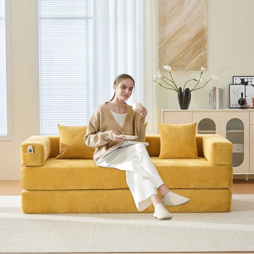 Corduroy Convertible Sleeper Sofa Bed with Pillow, Beige O72530