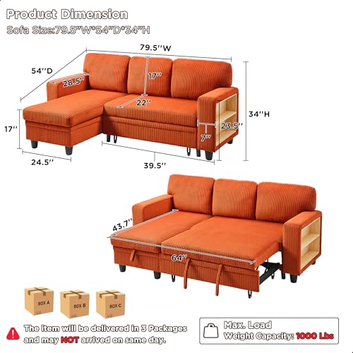 80" L-Shaped Sleeper Sectional Couch with Storage Chaise and USB Port H31043