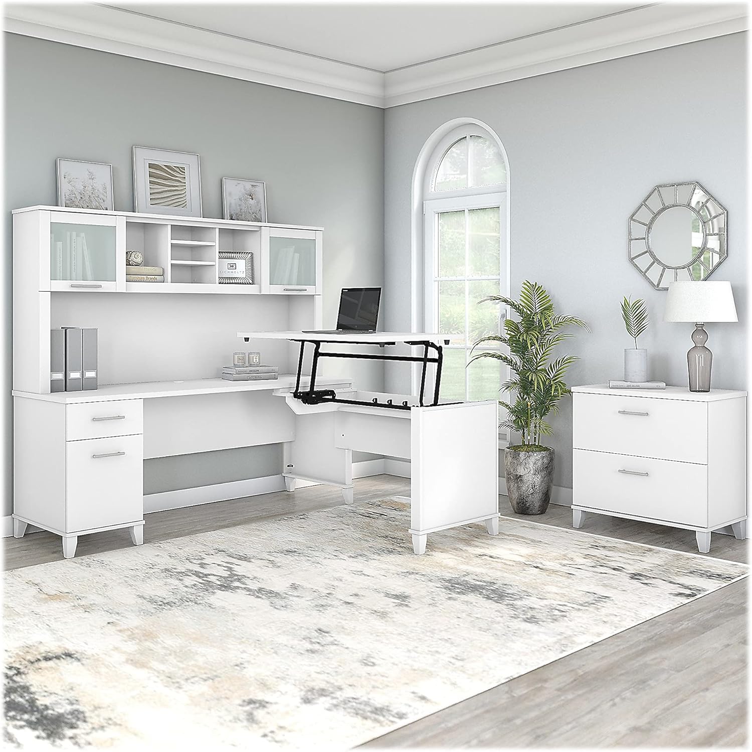 Sit to Stand L Shaped Desk with Hutch and File Cabinet T877029
