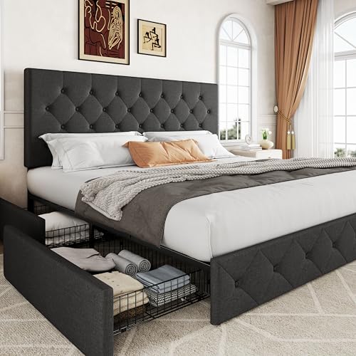 Upholstered Queen Platform Bed Frame with 4 Storage Drawers and Headboard G724955