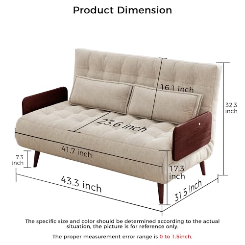 Convertible Chair Bed Sleeper for Adults, Linen with Wooden Arms & Pillows, Foldable Single Futon Sofa Bed Q683821
