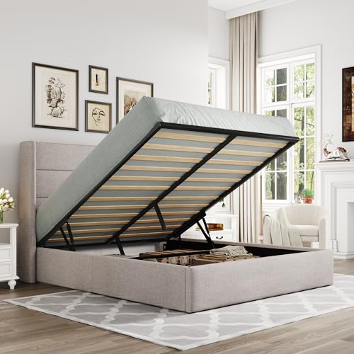 Full Size Lift Up Storage Bed with Wingback Headboard, Hydraulic Support, Light Beige P736605
