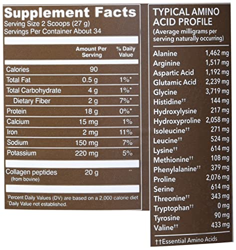 Collagen Peptides Powder, Grass Fed, Gluten Free, Chocolate, 32.56 Oz P11090