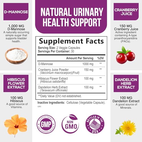 D-Mannose & Cranberry Extract 1350mg Urinary Tract Health Support, Non-GMO, Vegan - 120 Capsules J681