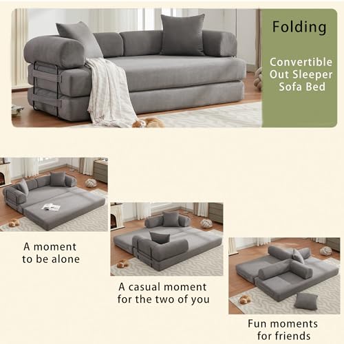 Corduroy Convertible Sleeper Sofa Bed with Pillow, Beige O72530