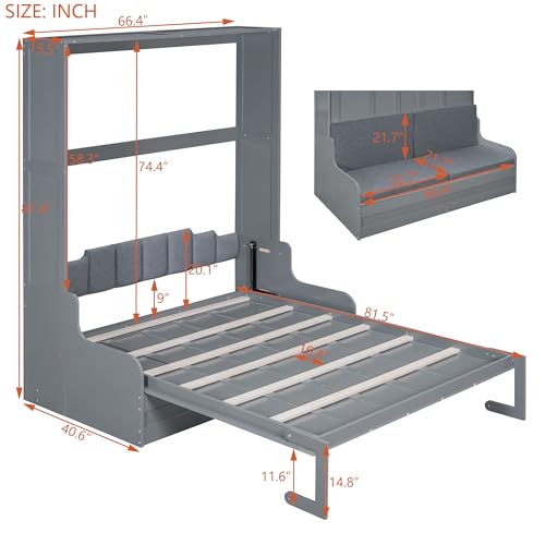 Murphy Bed Queen Size with Cushion, Foldable Sofa Bed Frame with Slat Support, White C2974