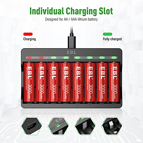 8 Pack Rechargeable Lithium AA Batteries with Charger B399