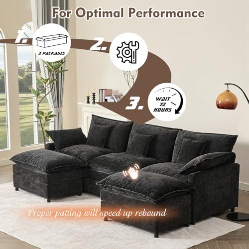U Shaped Modular Sectional Sofa with Ottoman, Chenille, Black Z16537