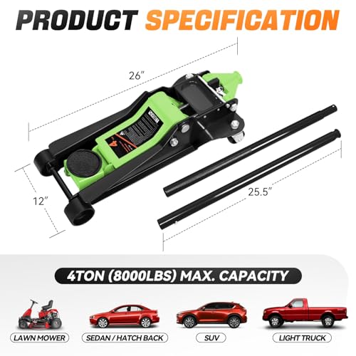 4 Ton Low Profile Floor Jack, Heavy Duty Steel Hydraulic with Dual Pistons Quick Lift Pump P3195