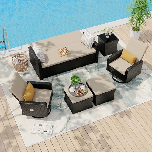 Wicker Patio Furniture Set with Swivel Recline Chairs and Storage Ottoman B707