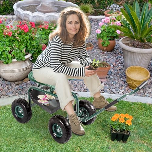 Garden Cart with Rolling Work Seat Tool Tray and Storage Basket on Wheels O137