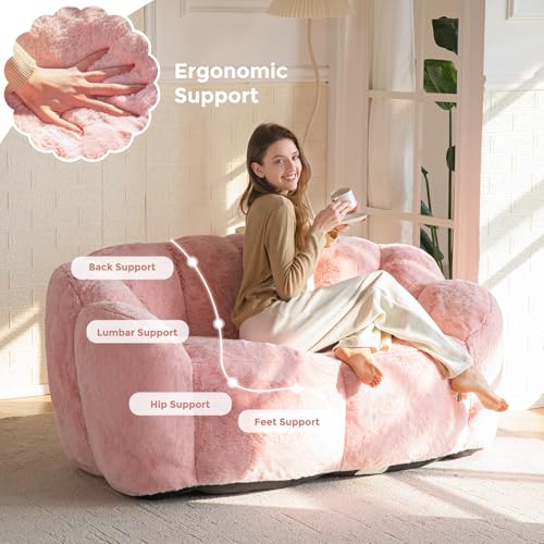Floral Shaped Bean Bag Sofa for Adults, Faux Fur Floor Chair, Beige U8616