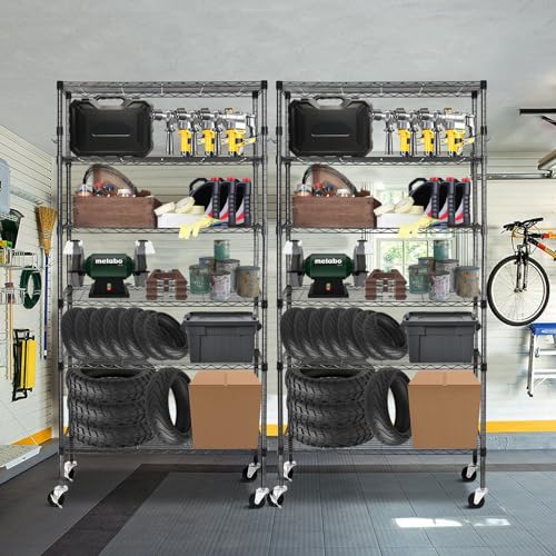 Heavy Duty 6-Tier Storage Shelves with Wheels, Adjustable Metal Wire Rack E412