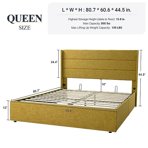 Full Size Lift Up Storage Bed with Wingback Headboard, Hydraulic Support, Light Beige P736605