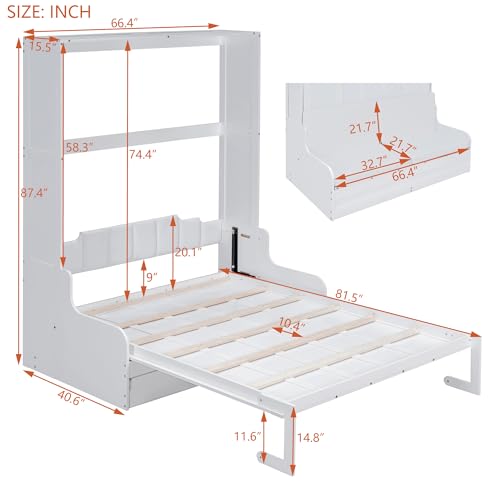 Murphy Bed Queen Size with Cushion, Foldable Sofa Bed Frame with Slat Support, White C2974
