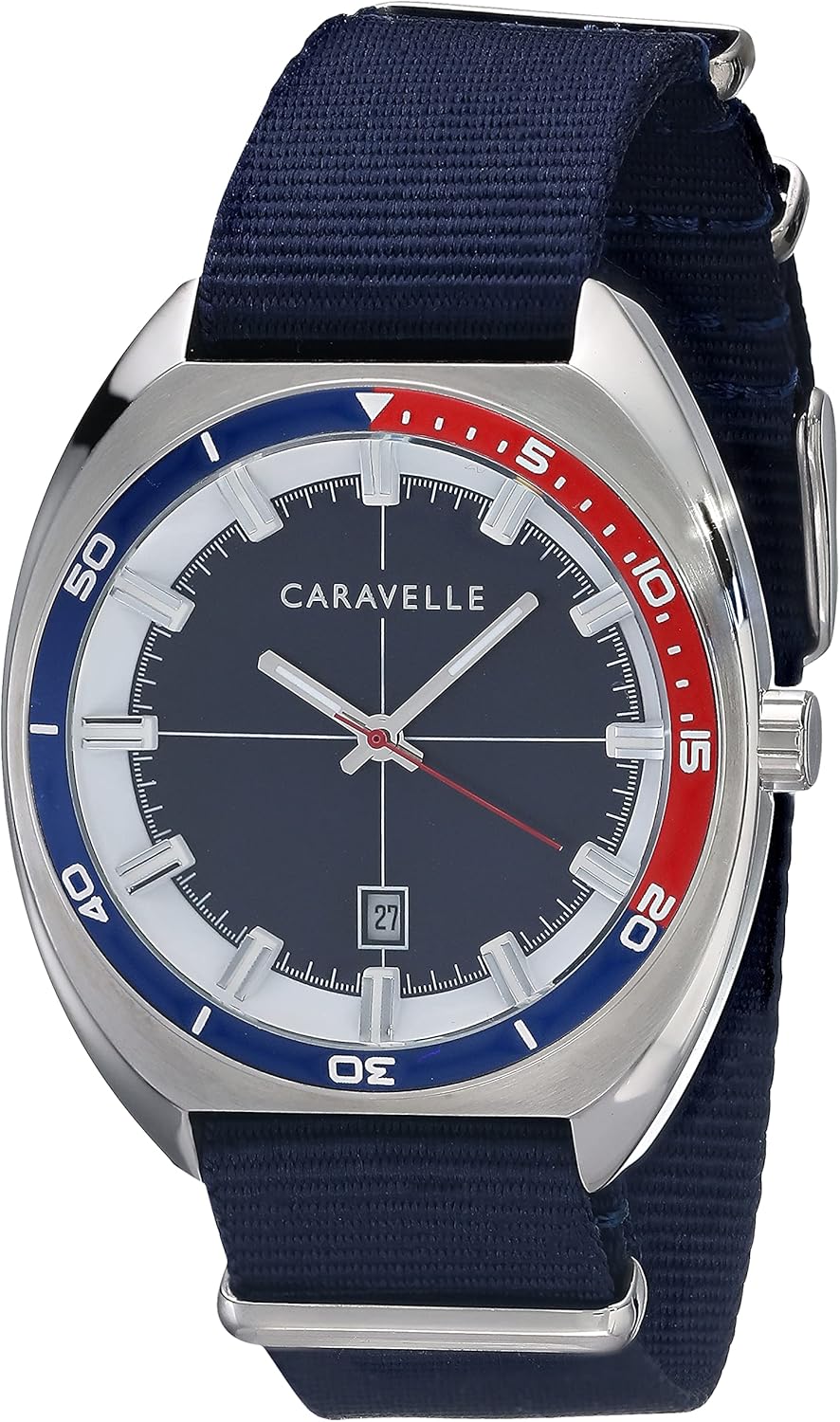 Caravelle by Bulova Retro Quartz Mens Watch, Stainless Steel with Blue Nylon Strap, Silver-Tone (Model: 43B167)