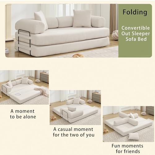 Corduroy Convertible Sleeper Sofa Bed with Pillow, Beige O72530