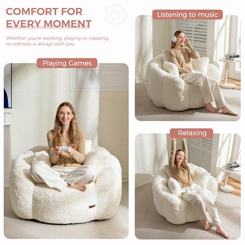 Floral Shaped Bean Bag Sofa for Adults, Faux Fur Floor Chair, Beige U8616
