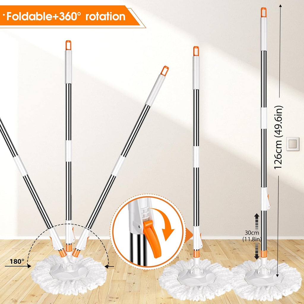 Spin Mop and Bucket with Wringer, Adjustable Handle, Stainless Steel Bucket with Wheels, 6 Microfiber Pads W465680
