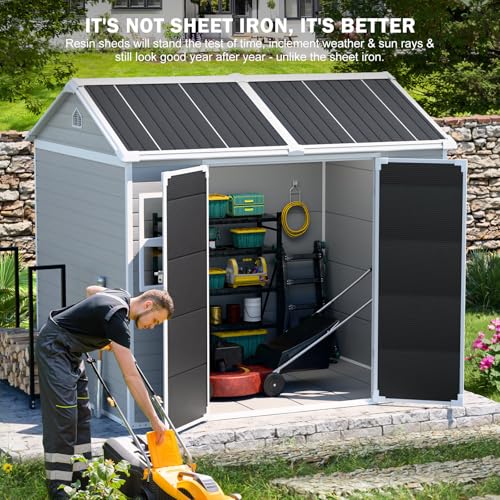Resin Storage Shed, Waterproof Outdoor Shed with Floor, Lockable Door & 2 Windows G278