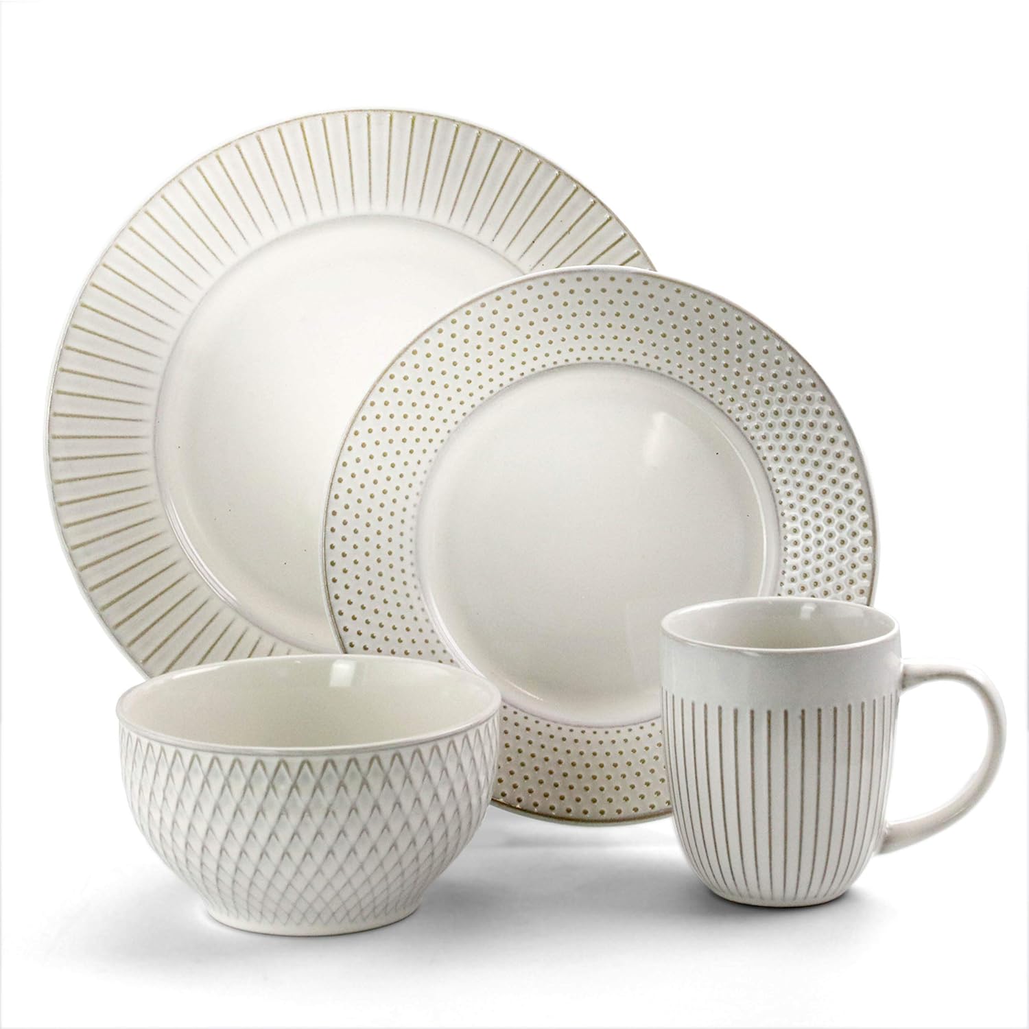 Contemporary Round Stoneware Dinnerware Set, 16 Piece, White Z3526