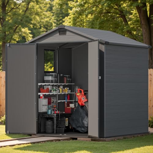 6 x 8 FT Plastic Outdoor Storage Shed with Floor and Lockable Door D7513