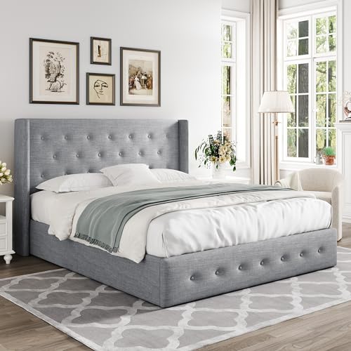 Full Size Lift Up Storage Bed with Wingback Headboard, Hydraulic Support, Light Beige P736605