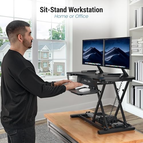 Electric Standing Desk Converter, Height Adjustable Sit to Stand Riser, Dual Monitor Workstation, Black Z74939