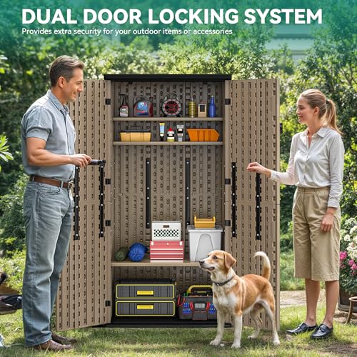 Outdoor Storage Cabinet with 2 Shelves, Waterproof Resin Tool Shed, Lockable, Dark Gray M33386