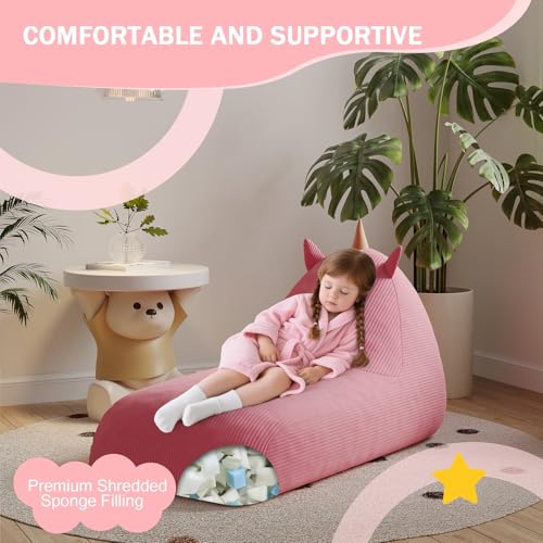 Unicorn Bean Bag Chair for Kids with Filler, Corduroy Floor Lounger, Pink W9694