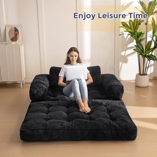 Folding Sofa Bed, L-Shaped Convertible Sleeper Couch with Armrest and Pillow, Dark Grey M375676