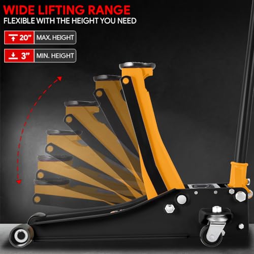 Floor Jack 3 Ton Capacity, Low Profile Heavy Duty Hydraulic Car Jack, Lifting Range 3"-20" O821
