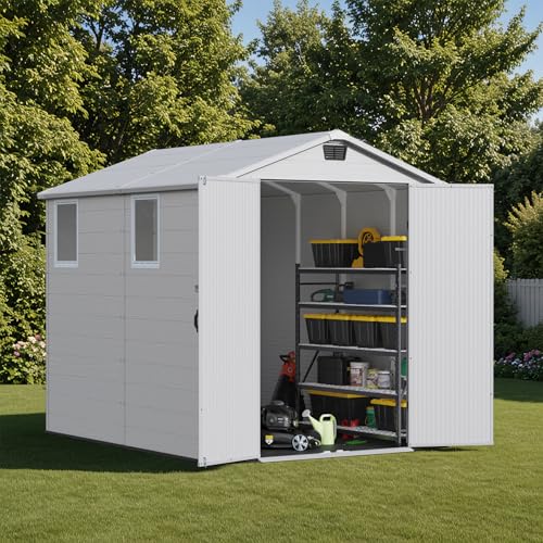 6 x 8 FT Plastic Outdoor Storage Shed with Floor and Lockable Door D7513