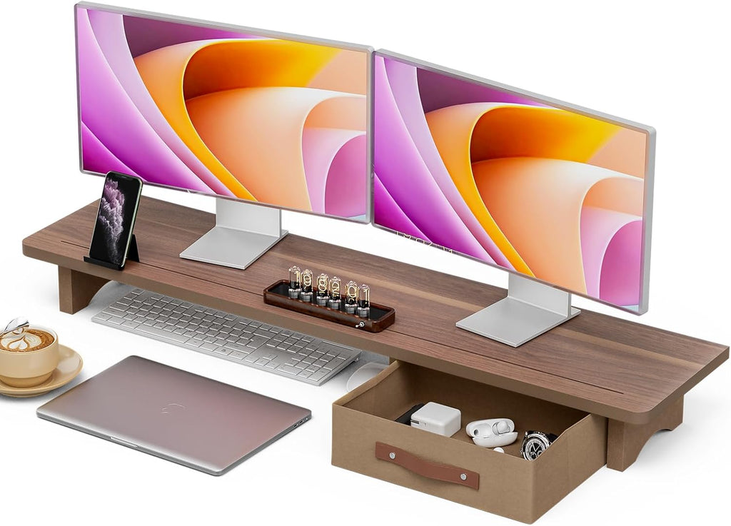 Dual Monitor Riser with Drawers,Sturdy Wood Monitor Riser for 2 Monitors,Dual Monitor Stand Riser,Desktop Organization for Laptop/Printer/TV