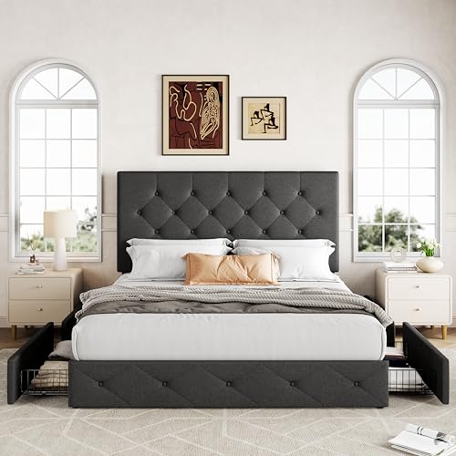 Upholstered Queen Platform Bed Frame with 4 Storage Drawers and Headboard G724955