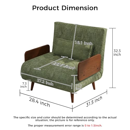 Convertible Chair Bed Sleeper for Adults, Linen with Wooden Arms & Pillows, Foldable Single Futon Sofa Bed Q683821