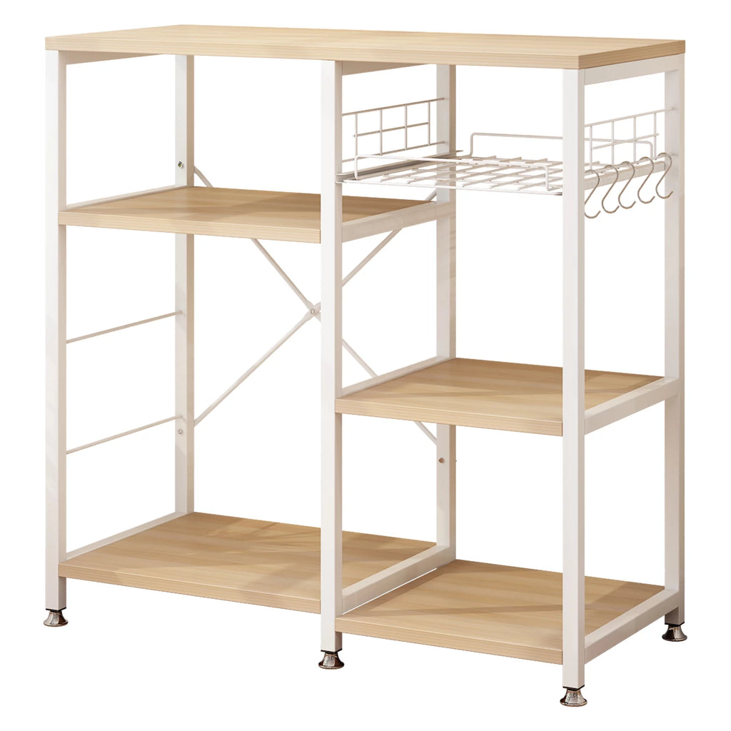 Kitchen Microwave Oven Stand with Basket, Industrial Shelving Unit, White Oak Finish O9228