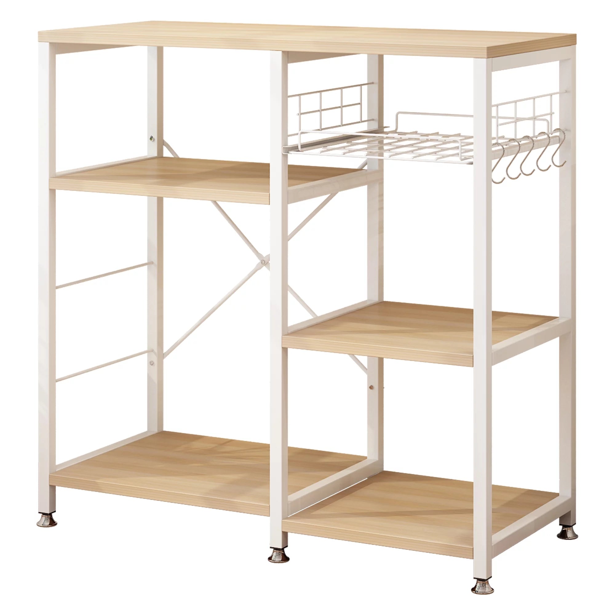 Kitchen Microwave Oven Stand with Basket, Industrial Shelving Unit, White Oak Finish O9228